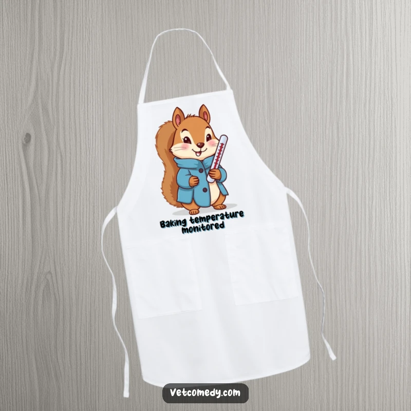 Funny apron showing a determined squirrel in a blue coat holding a thermometer, ideal for kitchen use with a health theme.