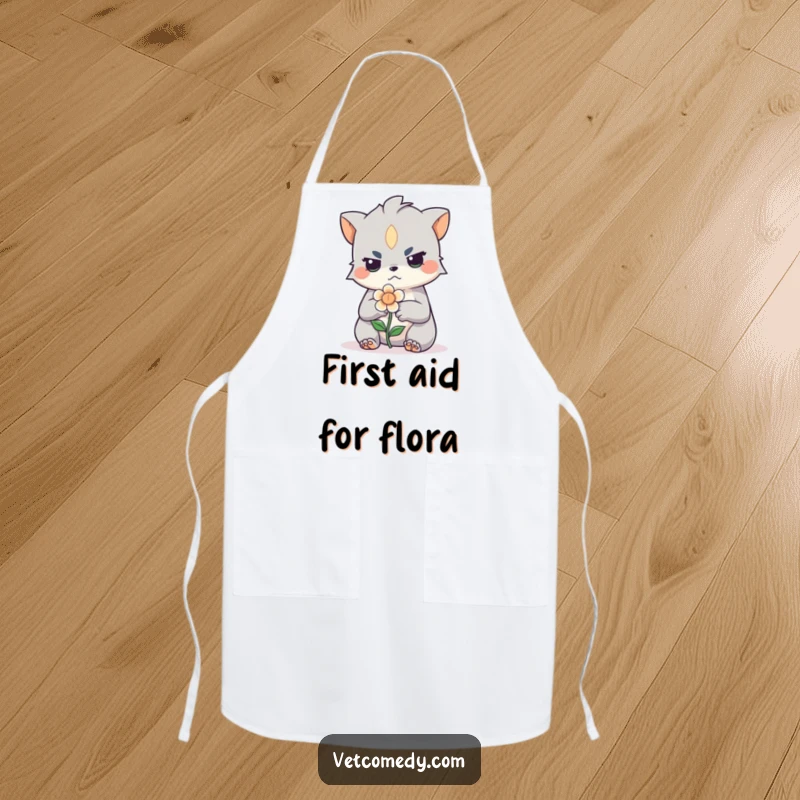 Funny apron featuring a determined creature bandaging a tiny, injured flower. Perfect for kitchen, baking, or crafting with humor.