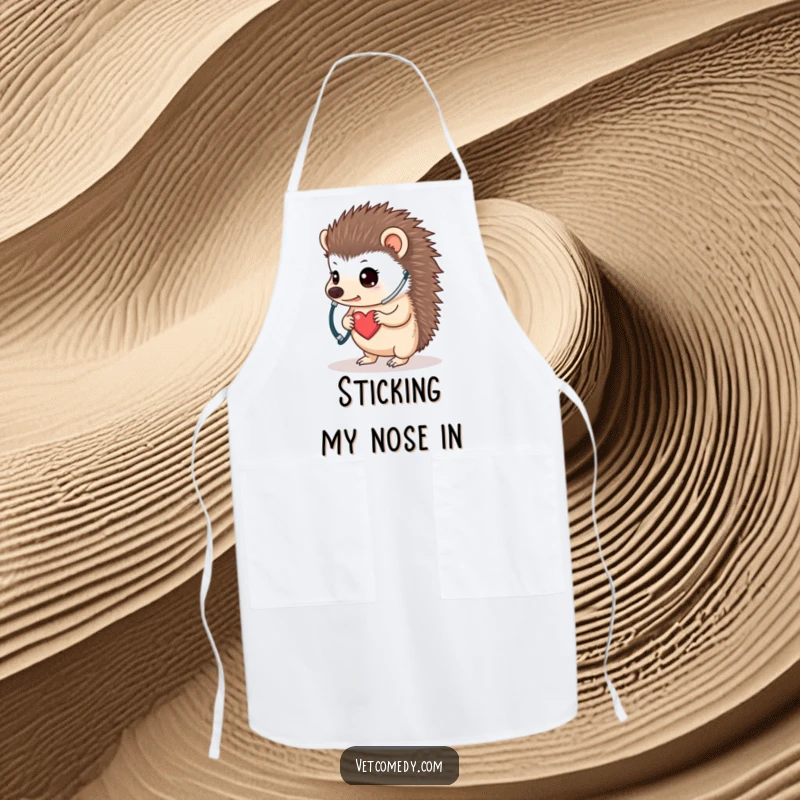 Funny hedgehog doctor apron, a determined little animal wearing a stethoscope and listening to its own tiny heart, ready to cook. A funny kitchen gift.