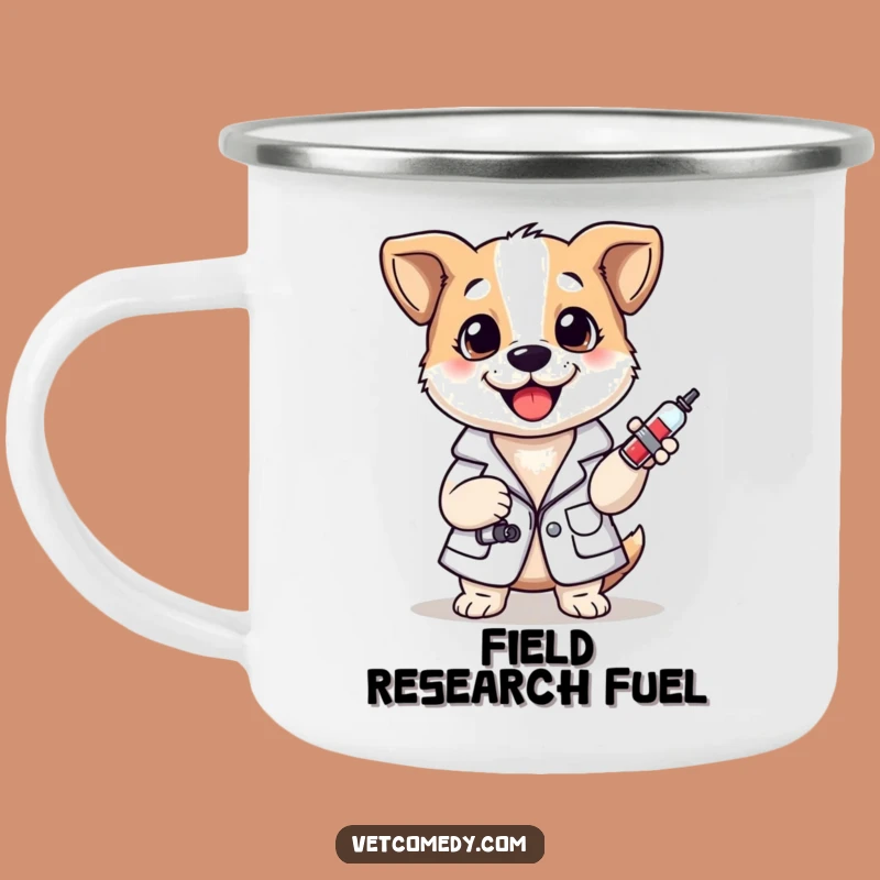 Funny Dog Vet Camping Mug: Cheerful Lab Coat Pup With Syringe, Outdoor Funny Gift