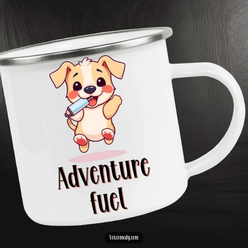 Funny puppy thermometer camping mug, a playful dog bouncing excitedly holding a thermometer in its mouth, ready for the outdoors. A fun gift.