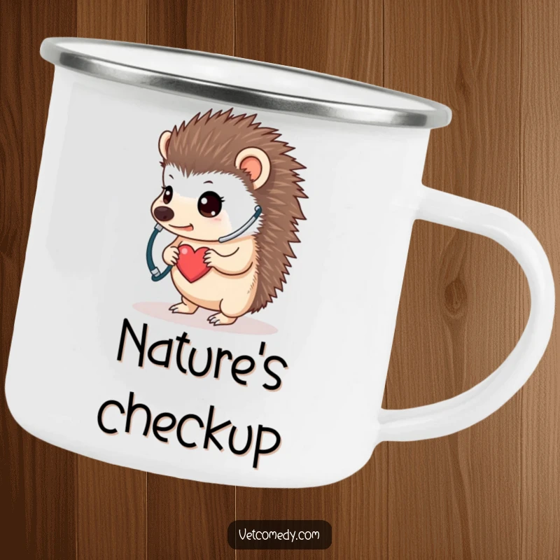 Funny hedgehog doctor camping mug, a determined little animal with a stethoscope listening to its own tiny heart, ready for the outdoors. A funny gift.