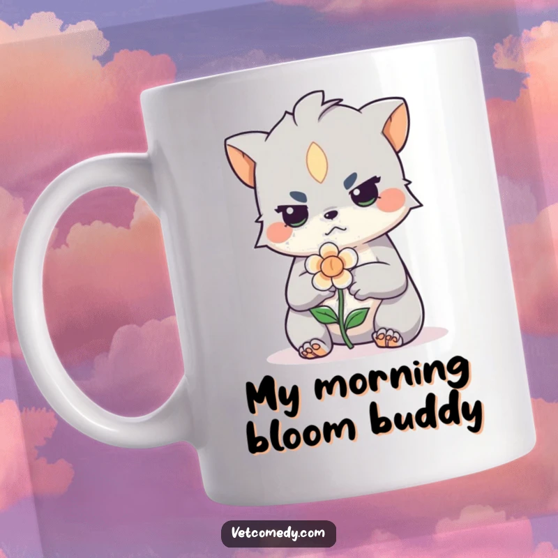 Funny mug with a determined creature carefully bandaging a small, wilted flower. Shows compassion and humor for plant enthusiasts.