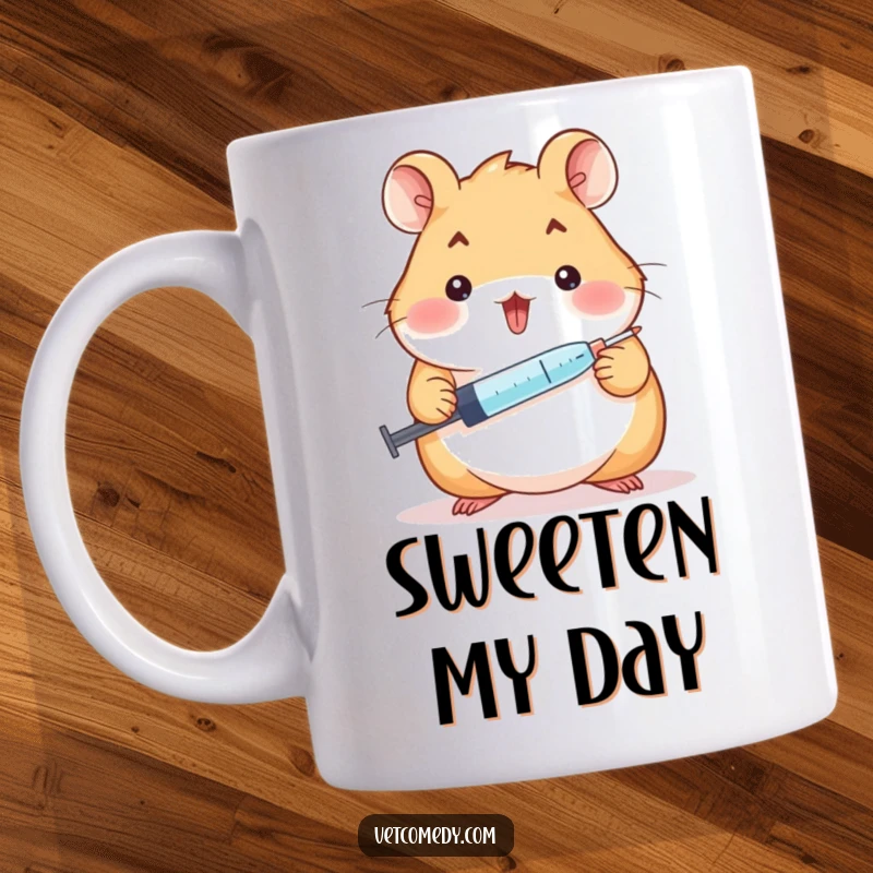 Funny hamster doctor mug, a cheerful rodent holding a small syringe, ready to administer a tiny lollipop with a smile. A cute funny gift.