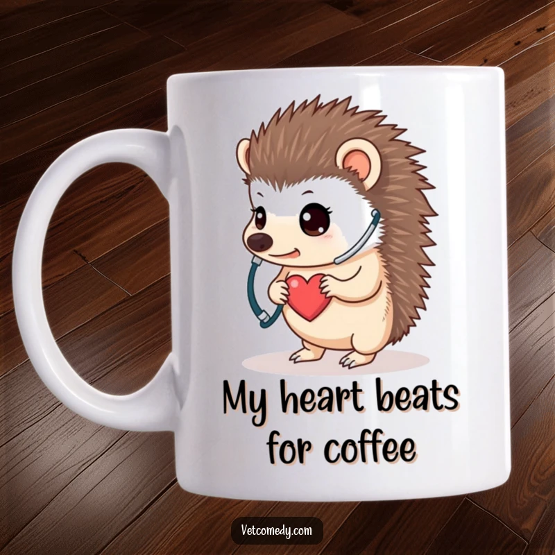 Funny hedgehog doctor mug, a determined little animal using a stethoscope to listen intently to its own tiny heart, showcasing bravery. A cute and funny gift.