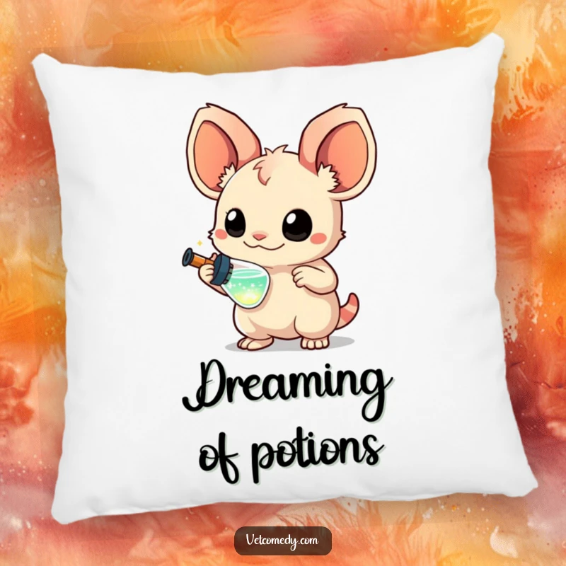 Funny pillow with a creature with large, curious ears holding a miniature syringe filled with sparkling liquid, comfortable home decor, whimsical humor.