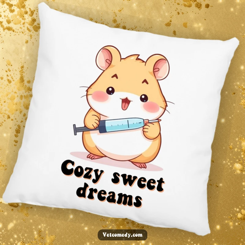 Funny hamster doctor pillow, a cheerful hamster holding a syringe and offering a tiny lollipop, offering comfort and sweetness. Perfect funny gift.