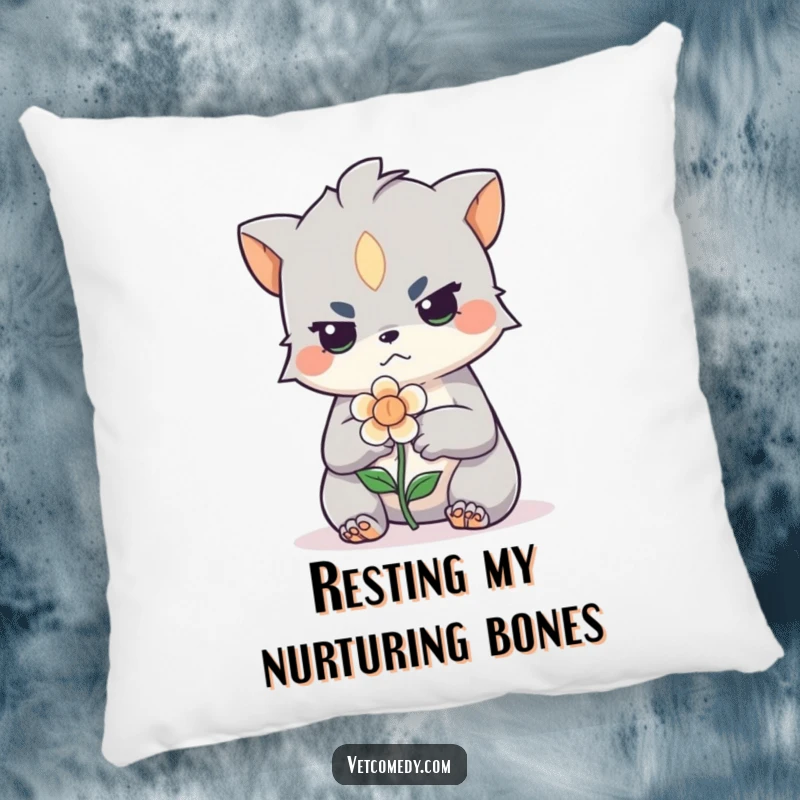 Funny pillow with a cute creature carefully bandaging a small, injured flower. Soft, decorative, and humorous accent piece.