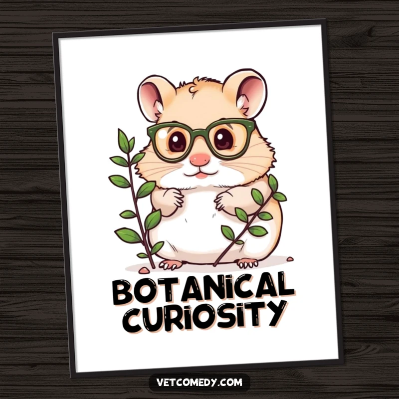 Funny digital art of a hamster wearing small glasses, examining a plant, ready for instant download and printing.