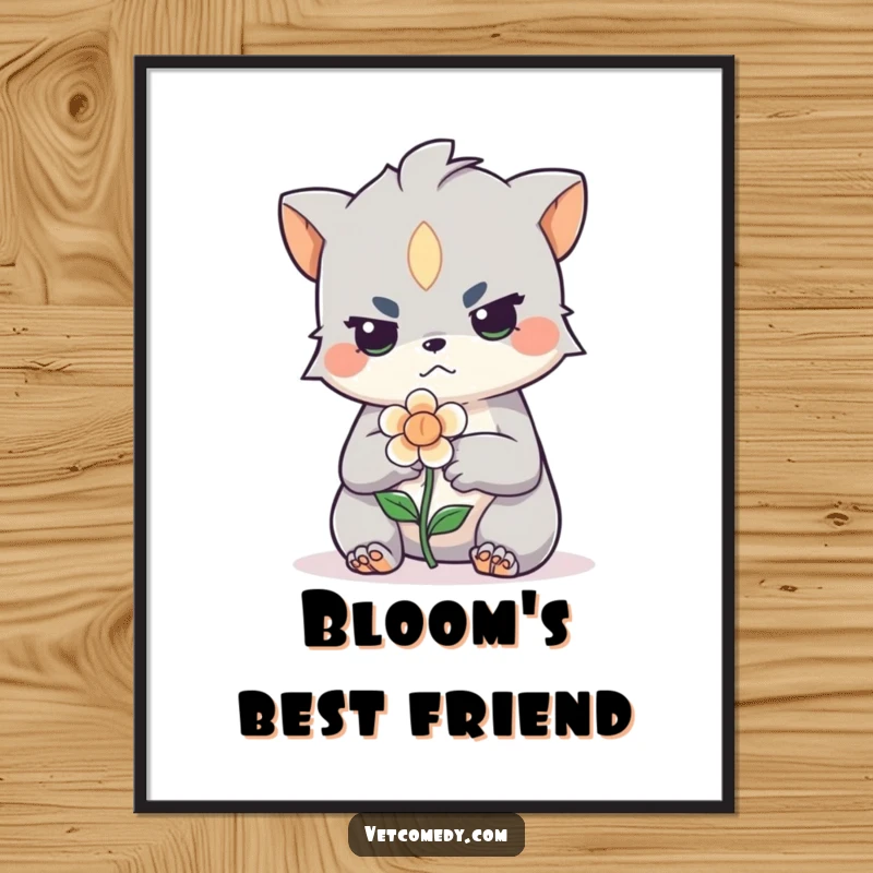 Funny digital art print of a determined creature applying a bandage to a tiny, injured flower. Instant, humorous, and heartwarming decor.