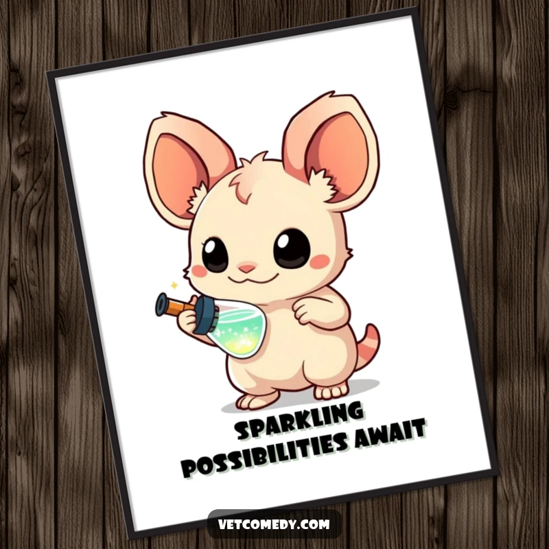 Funny digital art print of a creature with large, curious ears holding a miniature syringe filled with sparkling liquid, instant download, whimsical room decor.