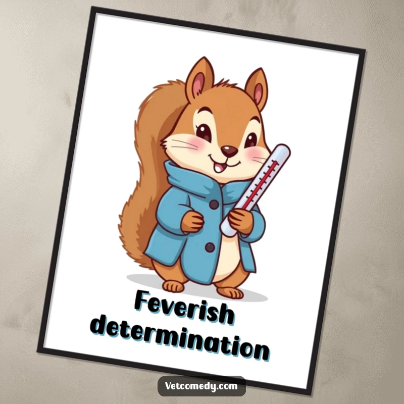 Funny digital art of a determined squirrel in a blue coat holding a thermometer, ready for instant download.