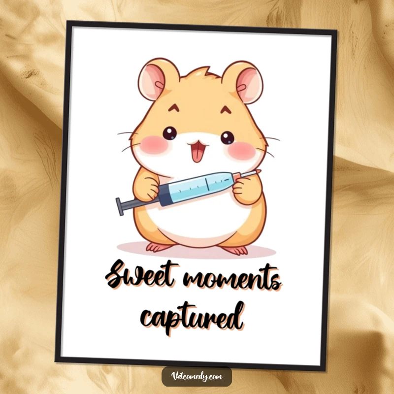 Funny hamster doctor digital art, a cheerful hamster holding a syringe and offering a tiny lollipop, perfect for immediate decor. A funny gift.