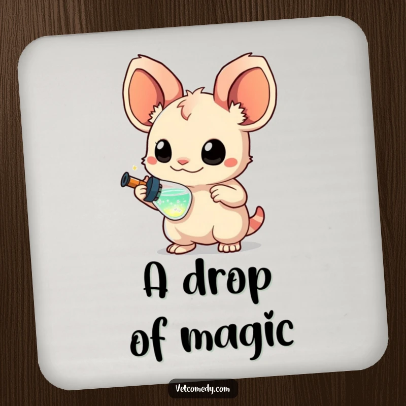 Funny drink coaster with a creature with large, curious ears holding a miniature syringe filled with sparkling liquid, protecting surfaces with whimsical humor.
