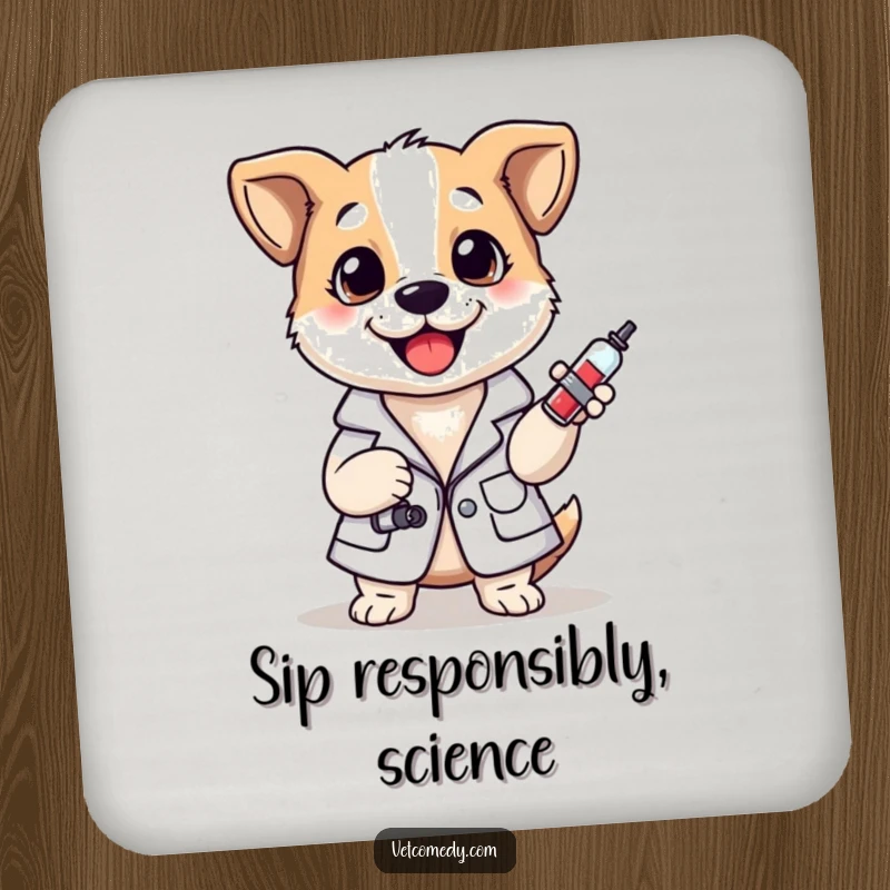 Funny drink coaster with a cheerful dog in a lab coat holding a syringe, protecting surfaces with humor.