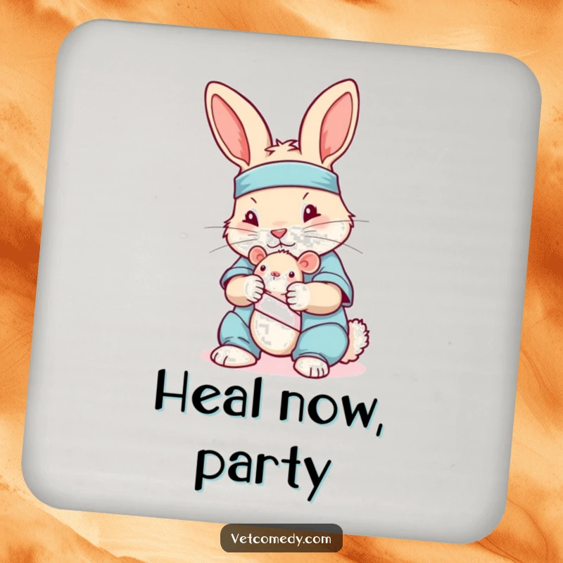 Funny drink coaster with a rabbit in scrubs bandaging a toy mouse, protecting surfaces with adorable care.