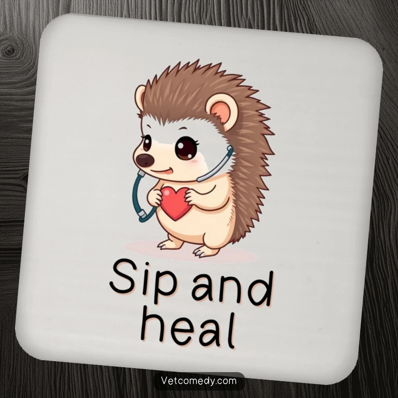 Funny hedgehog doctor coaster, a determined little animal using a stethoscope to listen to its own tiny heart, protecting surfaces. A cute funny gift.