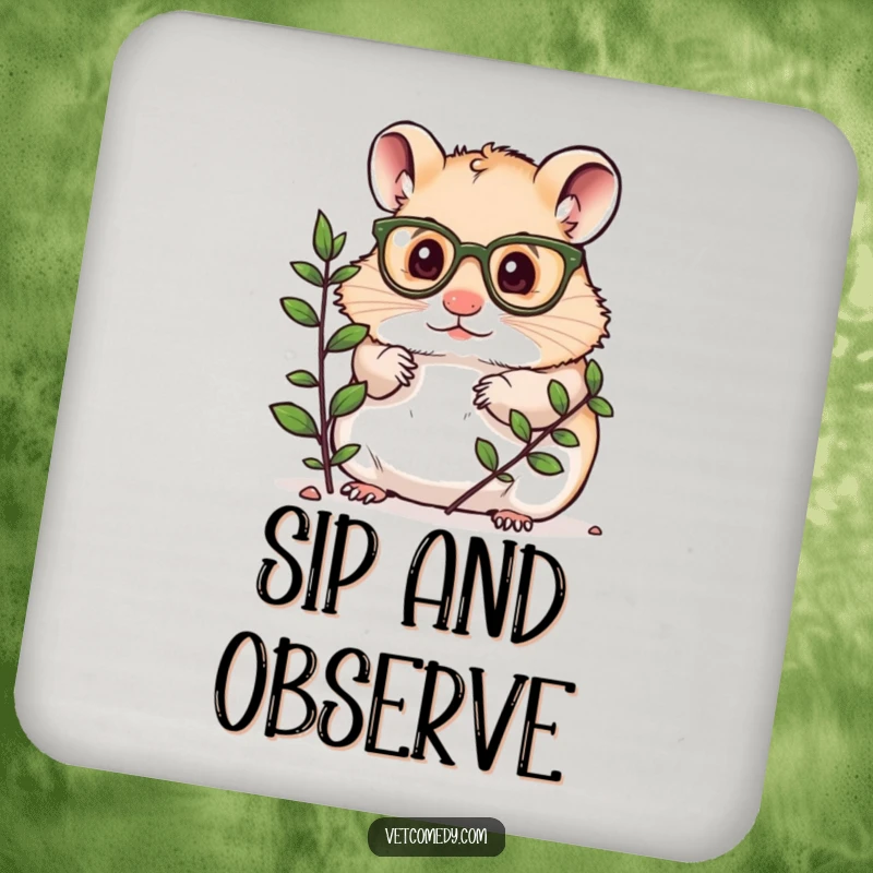 Funny drink coaster with a hamster in tiny glasses looking at a plant, protecting surfaces with adorable curiosity.