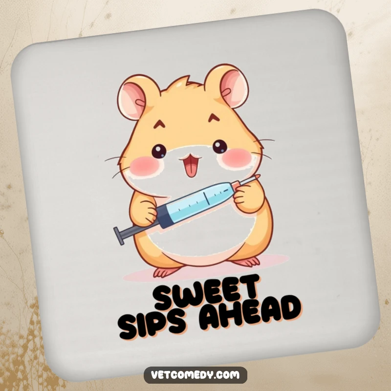 Funny hamster doctor coaster, a cheerful hamster holding a syringe and offering a tiny lollipop, protecting surfaces. A cute funny gift.