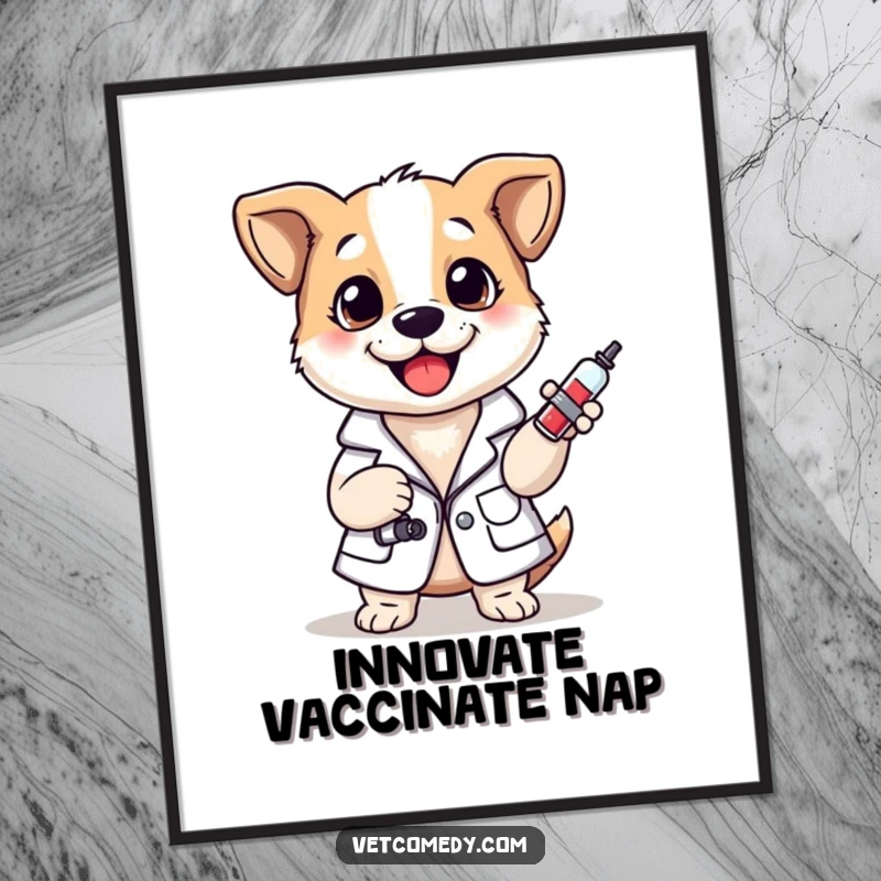 Funny poster displaying a happy dog dressed in a lab coat, holding a small syringe, suitable for framing.