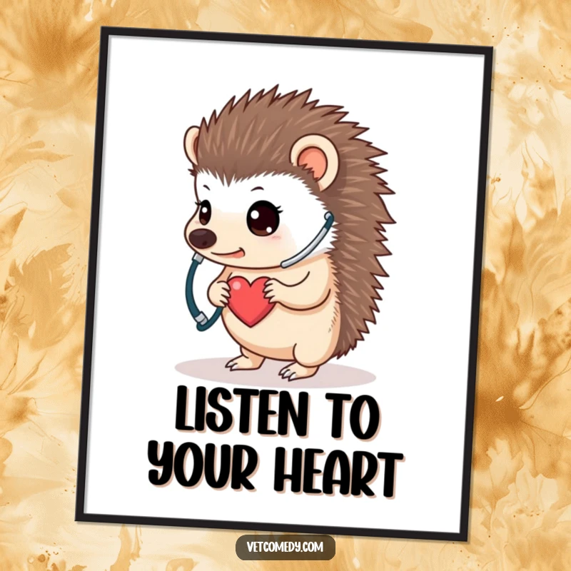 Funny hedgehog doctor poster, a determined little animal with a stethoscope listening to its own tiny heart, embodying bravery and cuteness. A funny art gift.