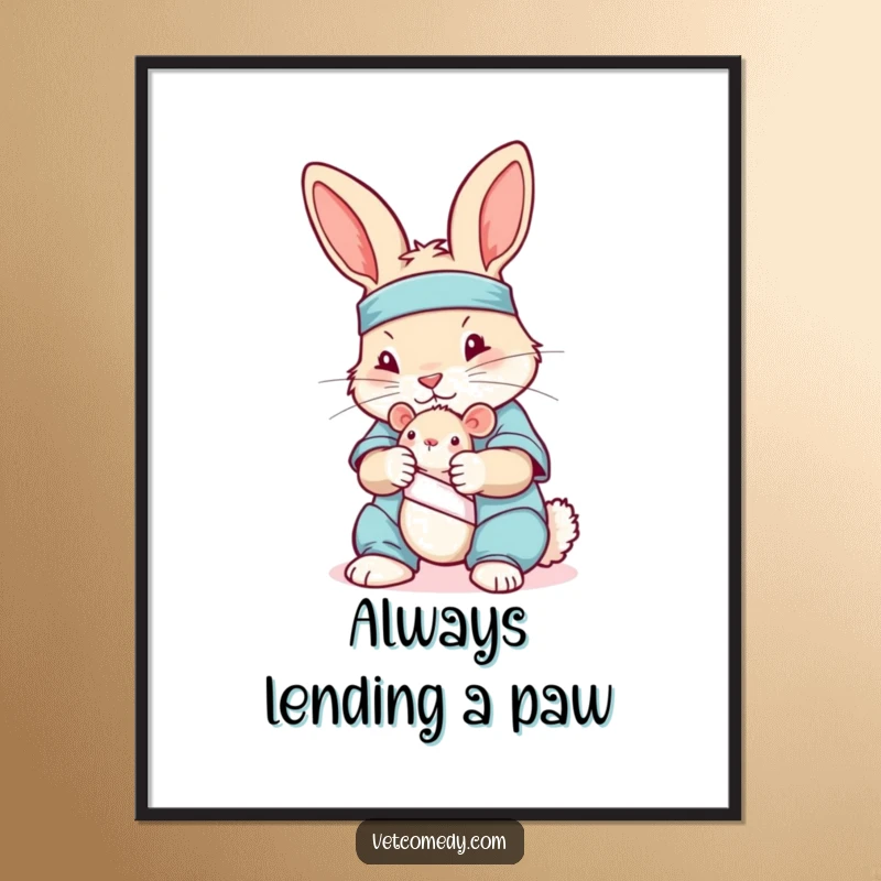 Funny poster displaying a rabbit in scrubs gently bandaging a toy mouse, perfect for medical offices or nurseries.