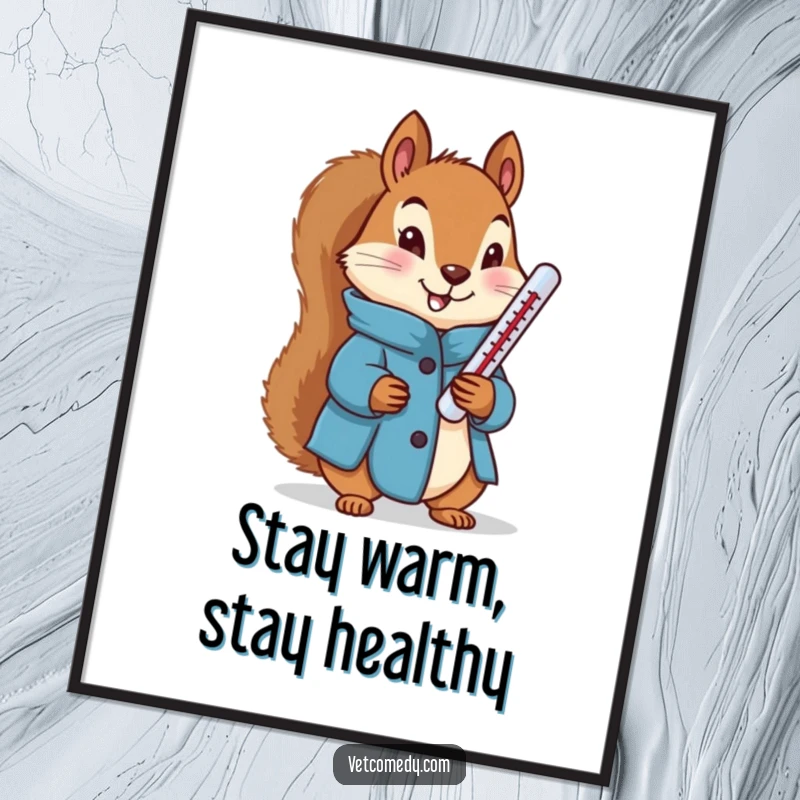 Funny poster displaying a determined squirrel in a blue coat holding a thermometer, perfect for health-conscious spaces.