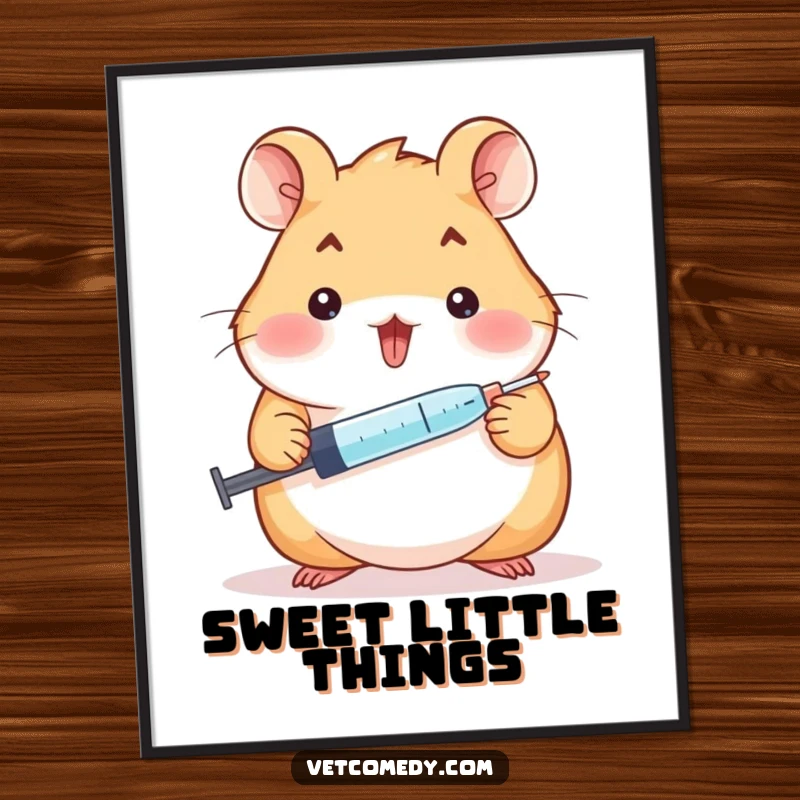 Funny hamster doctor poster, a cheerful hamster holding a syringe and offering a tiny lollipop, symbolizing sweetness. A fun art gift.