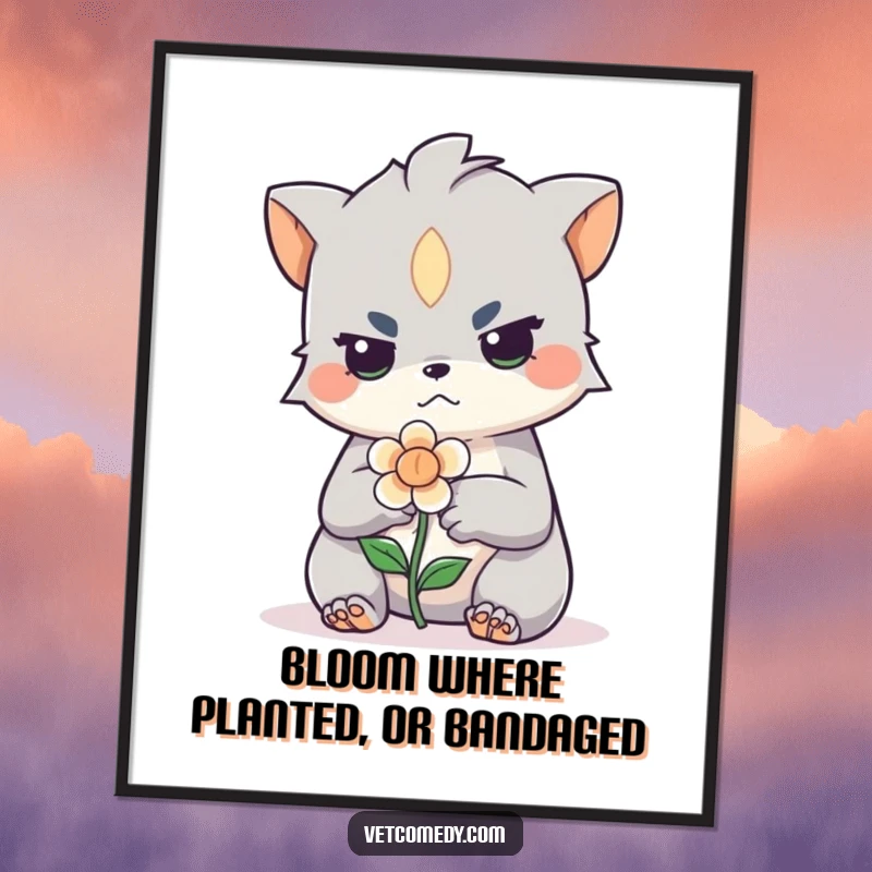 Funny Free Printable Wall Art: A creature with a focused, kind expression gently bandages a tiny, sad-looking flower.