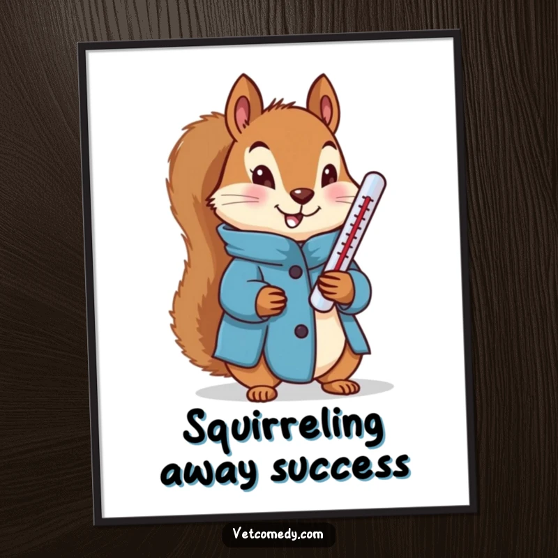 Funny Free Printable Wall Art: A squirrel wearing a blue coat, holding a thermometer with a determined expression.