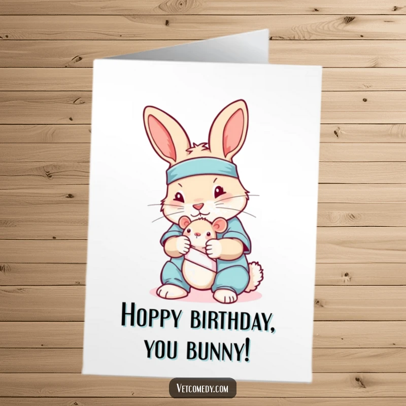 Funny Free Printable Birthday Card: Playful rabbit in nurse scrubs gently bandaging a toy mouse.