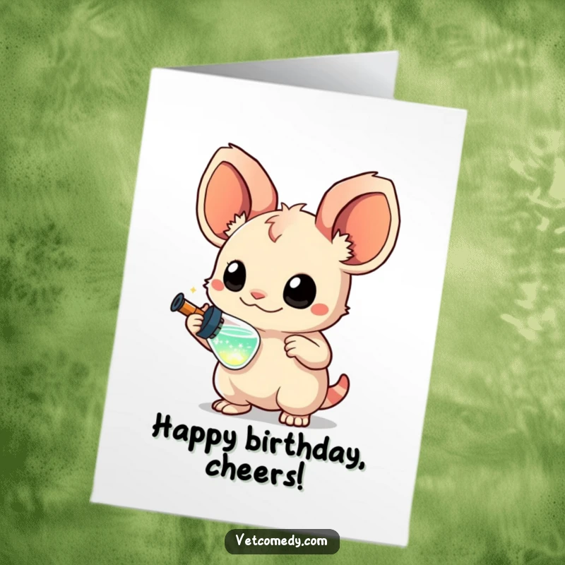 Funny Free Printable Birthday Card: Creature with big ears holds a miniature syringe with sparkling liquid.