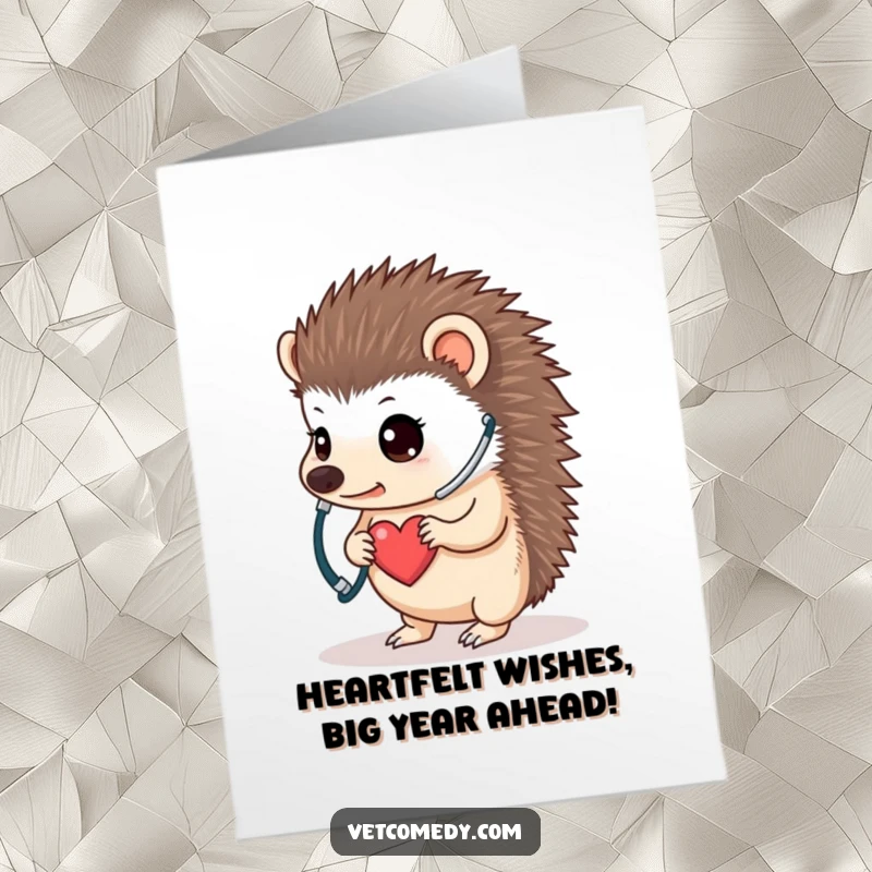 Funny Free Printable Hedgehog Birthday Card, a determined hedgehog with stethoscope listening to its heart, DIY downloadable art.