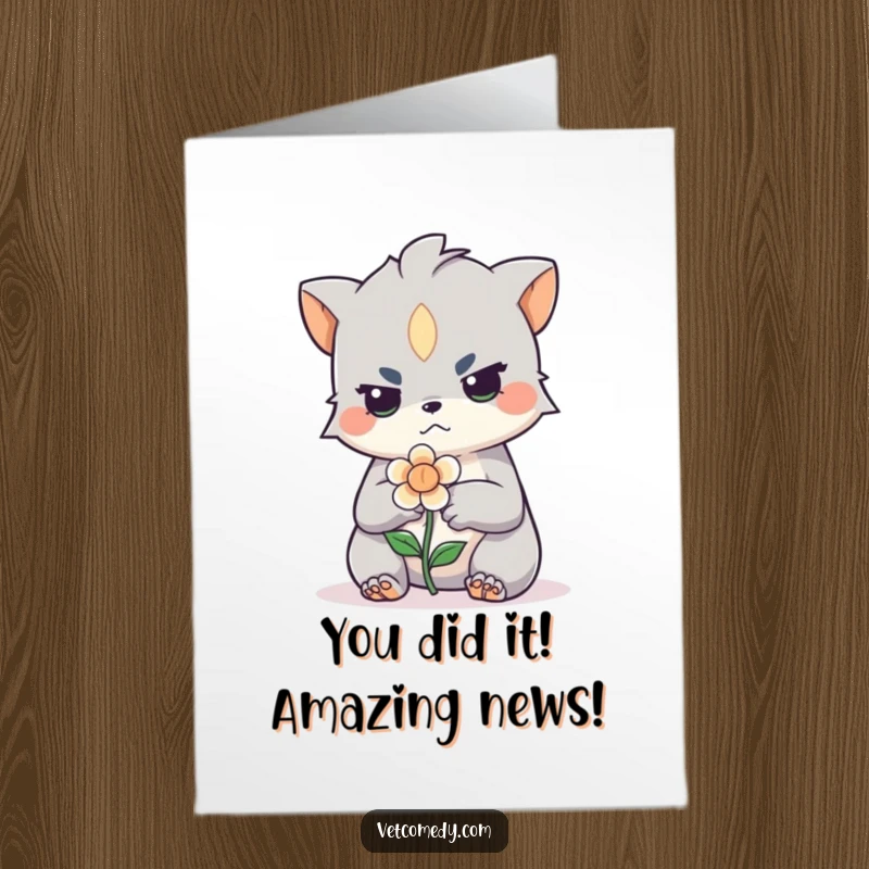 Funny Free Printable Congrats Card: A creature with a determined look carefully bandages a small, wilting flower.