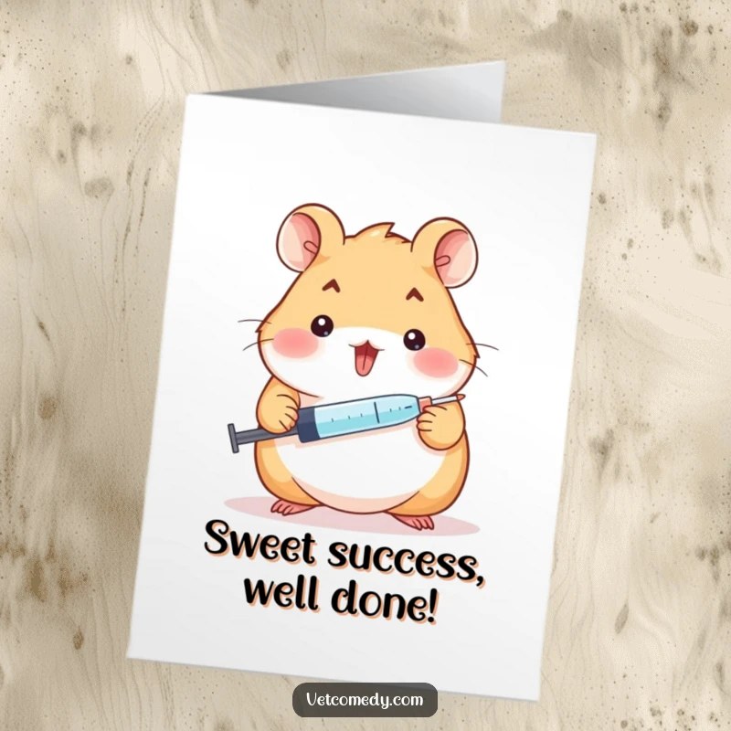 Funny Free Printable Hamster Congratulations Card, cheerful hamster with syringe and lollipop, celebrating achievements, DIY downloadable art.
