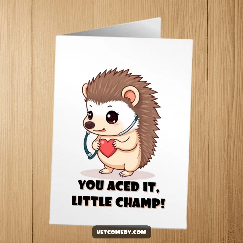 Funny Free Printable Hedgehog Congratulations Card, determined hedgehog with stethoscope, celebrating success, DIY downloadable art.