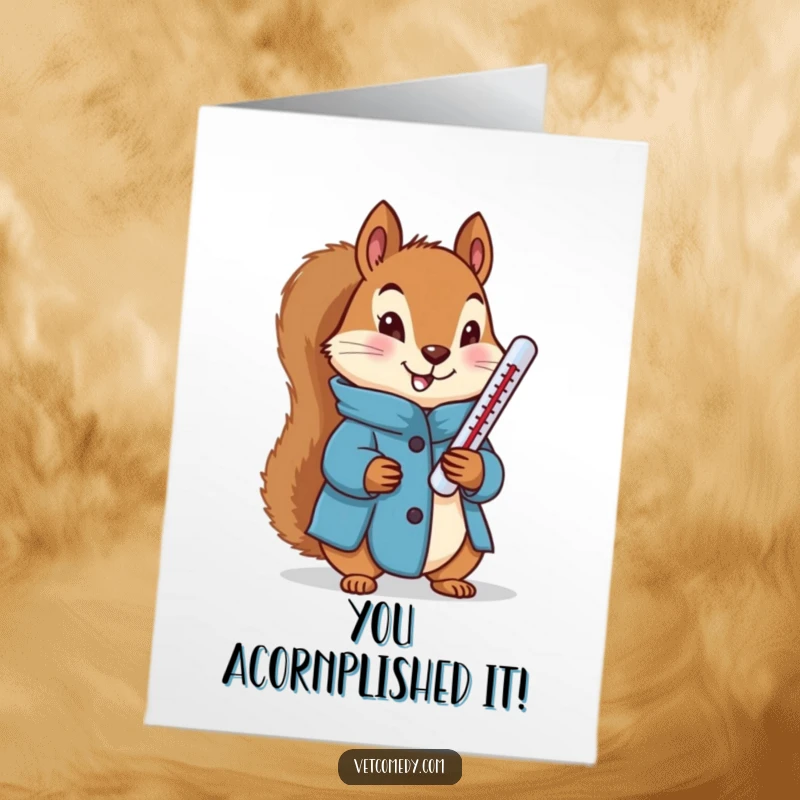 Funny Free Printable Congratulations Card: A squirrel in a blue coat holding a thermometer, celebrating good health.