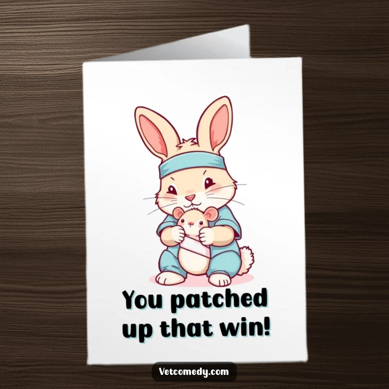 Funny Free Printable Congratulations Card: A rabbit in scrubs acting as a doctor, bandaging a toy mouse.