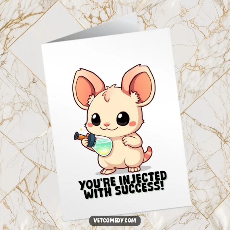Funny Free Printable Congratulations Card: Creature with curious ears holds a sparkling syringe for celebration.
