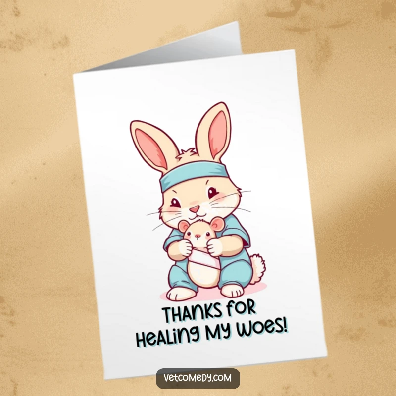 Funny Free Printable Thank You Card: A caring rabbit in scrubs bandaging a toy mouse, showing gratitude.