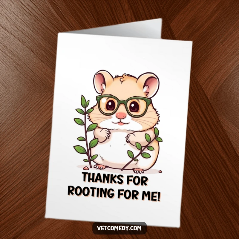 Funny Free Printable Thank You Card: Curious hamster in spectacles examining a plant, conveying appreciation.