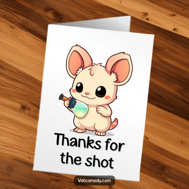 Funny Free Printable Thank You Card: Creature with curious ears holds a miniature syringe with sparkling liquid.