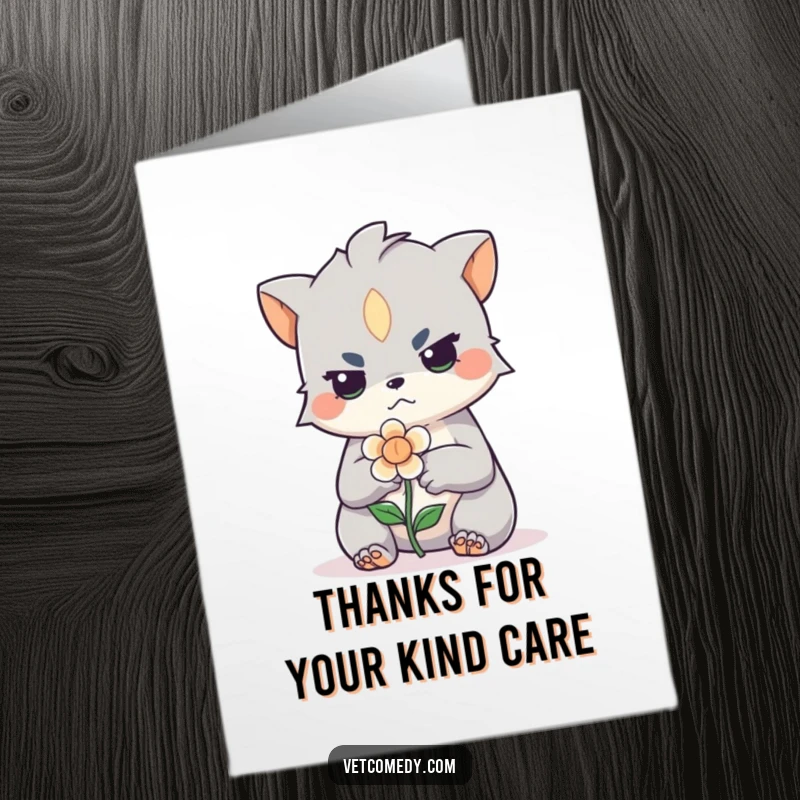 Funny Free Printable Thank You Card: Creature's gentle care for a tiny, injured flower, conveying sincere thanks.