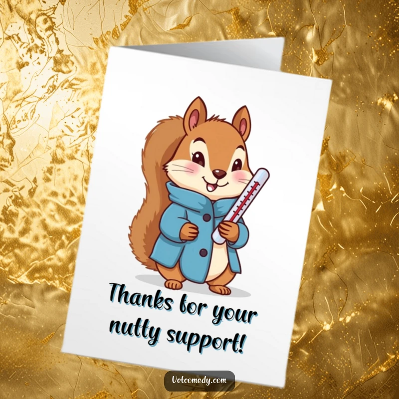 Funny Free Printable Thank You Card: A determined squirrel in a blue coat holding a thermometer, showing gratitude.