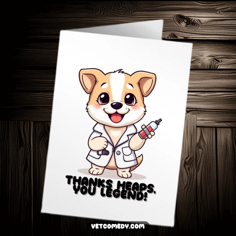 Funny Free Printable Thank You Card: Grateful dog vet in lab coat holding a syringe, expressing thanks.