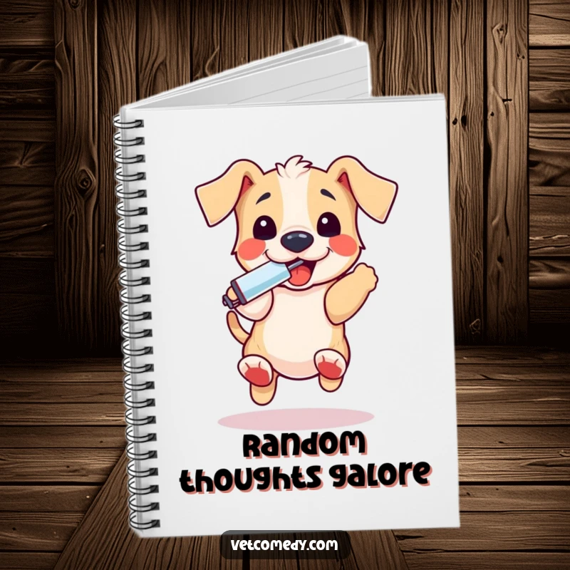 Funny puppy thermometer notebook, a playful dog bouncing excitedly with a thermometer in its mouth, perfect for jotting notes. A funny writing gift.