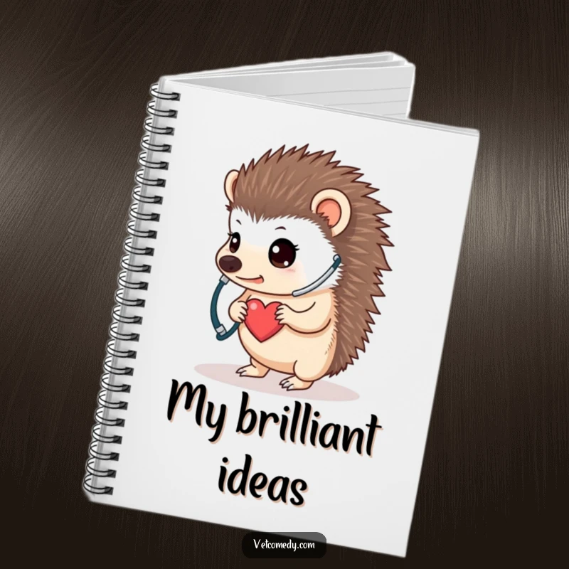 Funny hedgehog doctor notebook, a determined little animal with a stethoscope listening to its own tiny heart, perfect for jotting notes. A funny writing gift.
