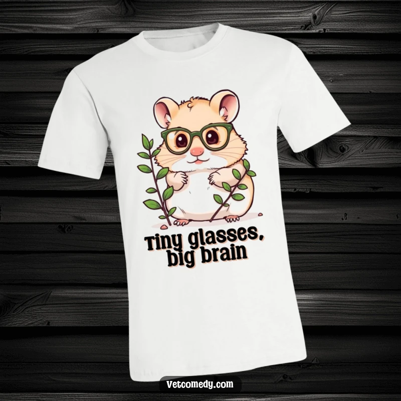 Funny T-shirt with a hamster in small glasses intently studying a green plant, symbolizing scientific curiosity.