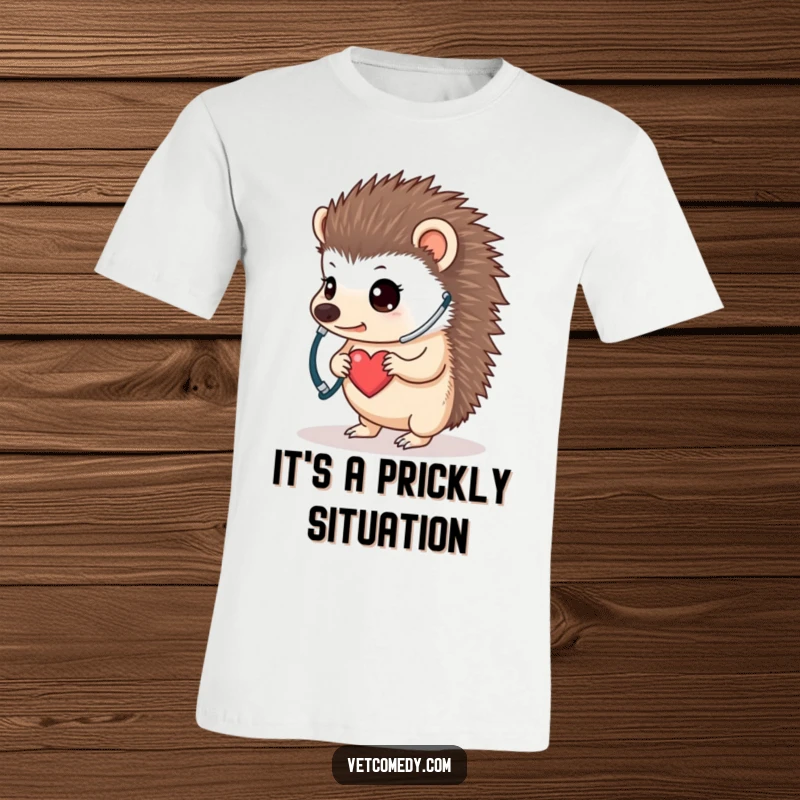Funny hedgehog doctor t-shirt, a determined little animal wearing a stethoscope and listening to its own tiny heart, promoting a sense of bravery. Hilarious gift.
