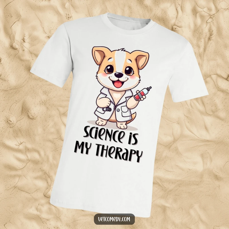 Funny T-shirt featuring a cheerful dog wearing a lab coat and holding a small syringe, conveying a lighthearted vet theme.